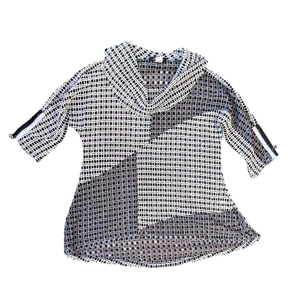 Yushi Women's Black White Geometric Mesh Cowl Neck Top Lagenlook- Size S‎